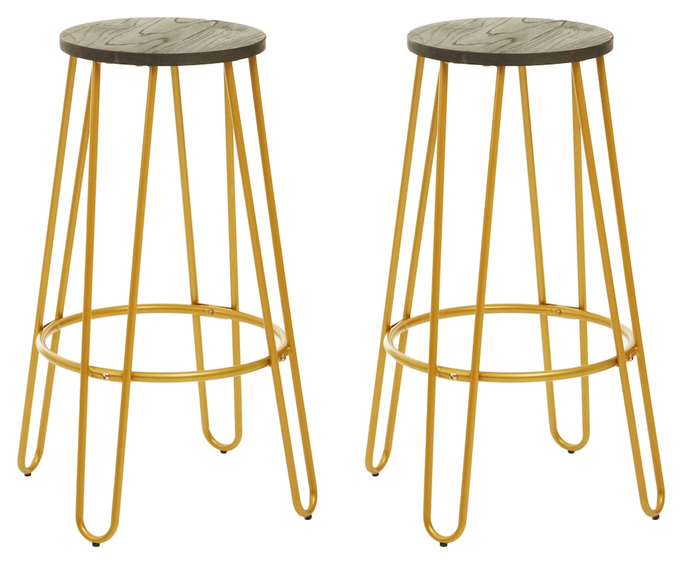 image 1 of Interiors by Premier Set of 3 Gold Frame Bar Table Stool Set , Hairpin Stool for Kitchen Counter, Elm Wood Metal Frame Stool