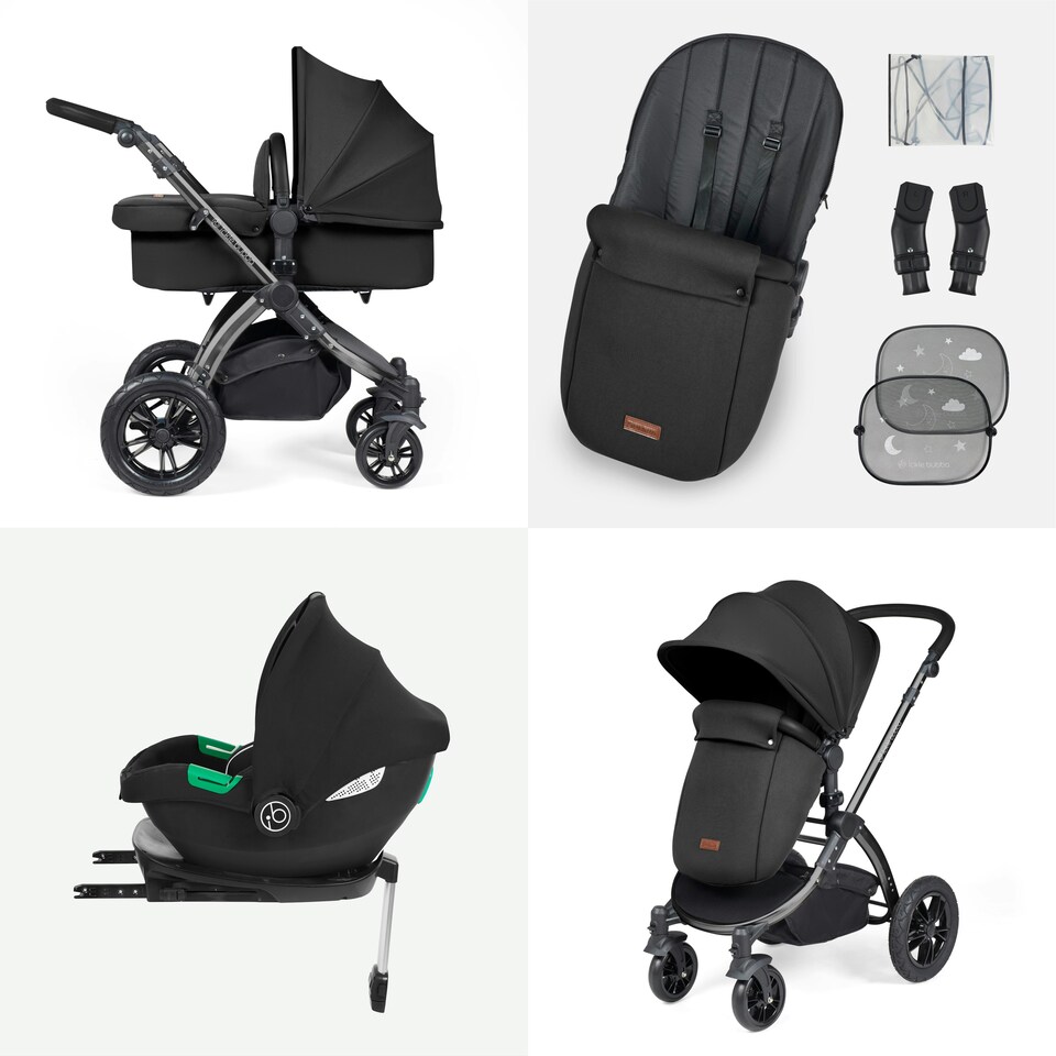 image 1 of Stomp Luxe 12pc Travel System with Cirrus i-Size Car Seat & ISOFIX Base, Carrycot, Reversible Seat, Rain Cover & More (Black/Midnight/Black)