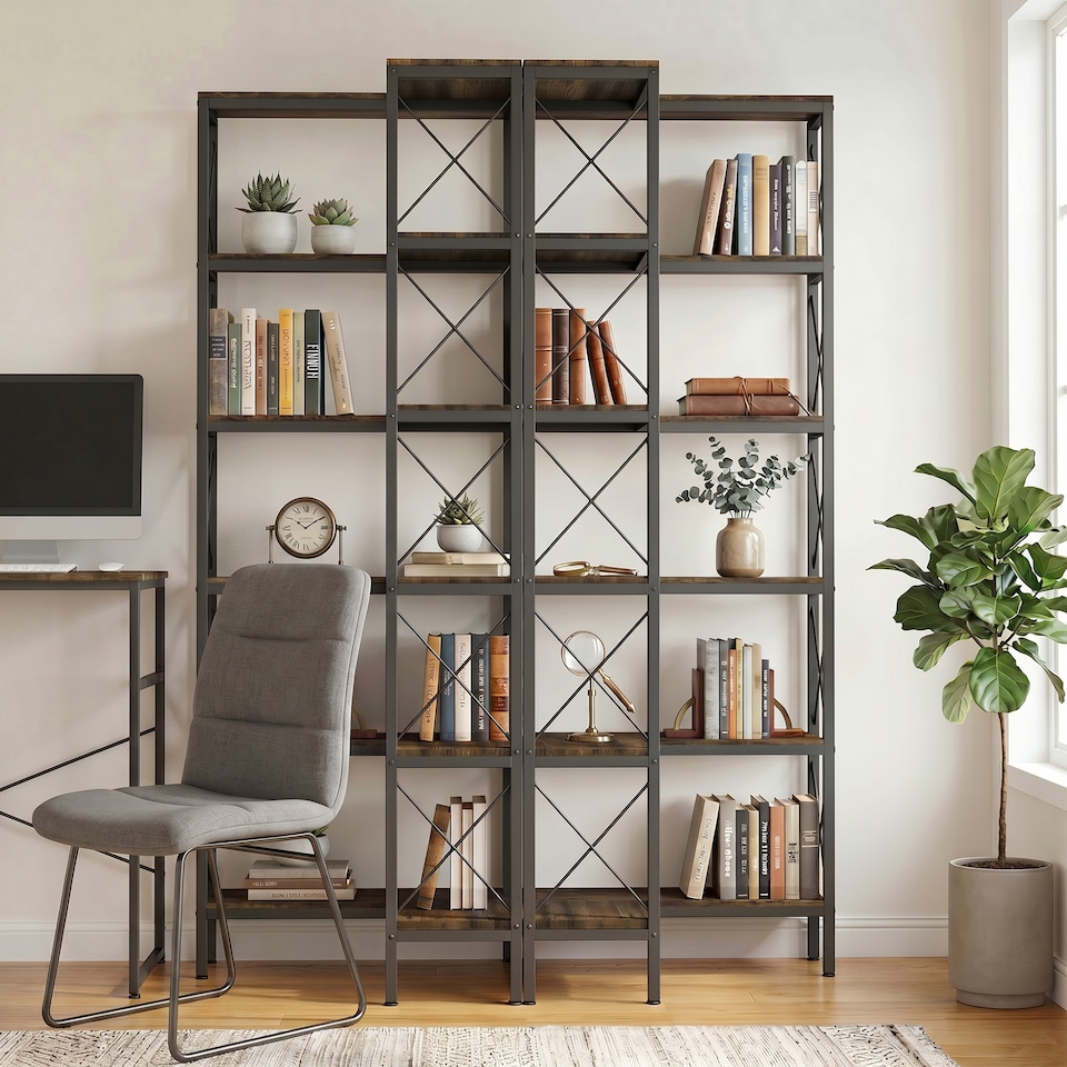 image 1 of HOMCOM L-Shaped Bookshelf, 5-Tier Bookcase with Metal Frame, Rustic Brown