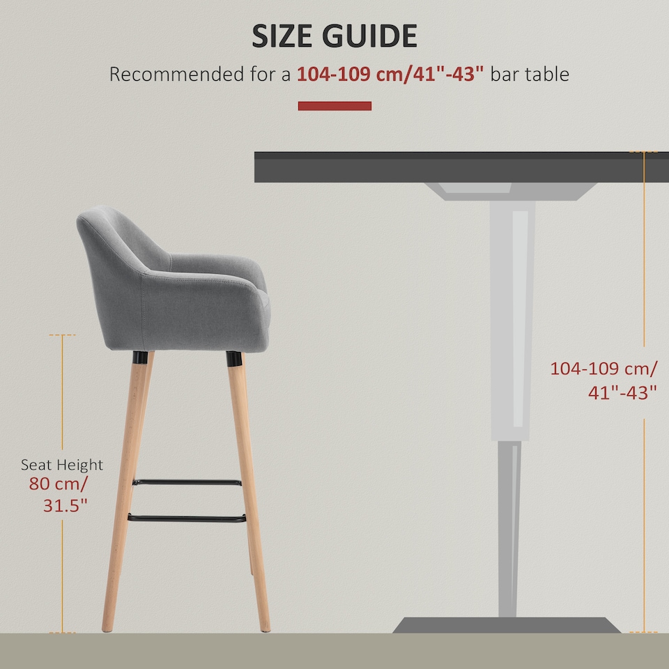 image 1 of HOMCOM Set of 2 Bar Stools Modern Upholstered Seat Bar Chairs with Metal Frame, Solid Wood Legs Living Room Dining Room Fabric Furniture - Grey