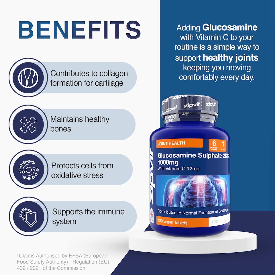 image 1 of Zipvit Glucosamine Sulphate 1000mg, Joint, Cartilage & Bone Support with Vitamin C, 180 Vegan Tablets, 6-Month Supply
