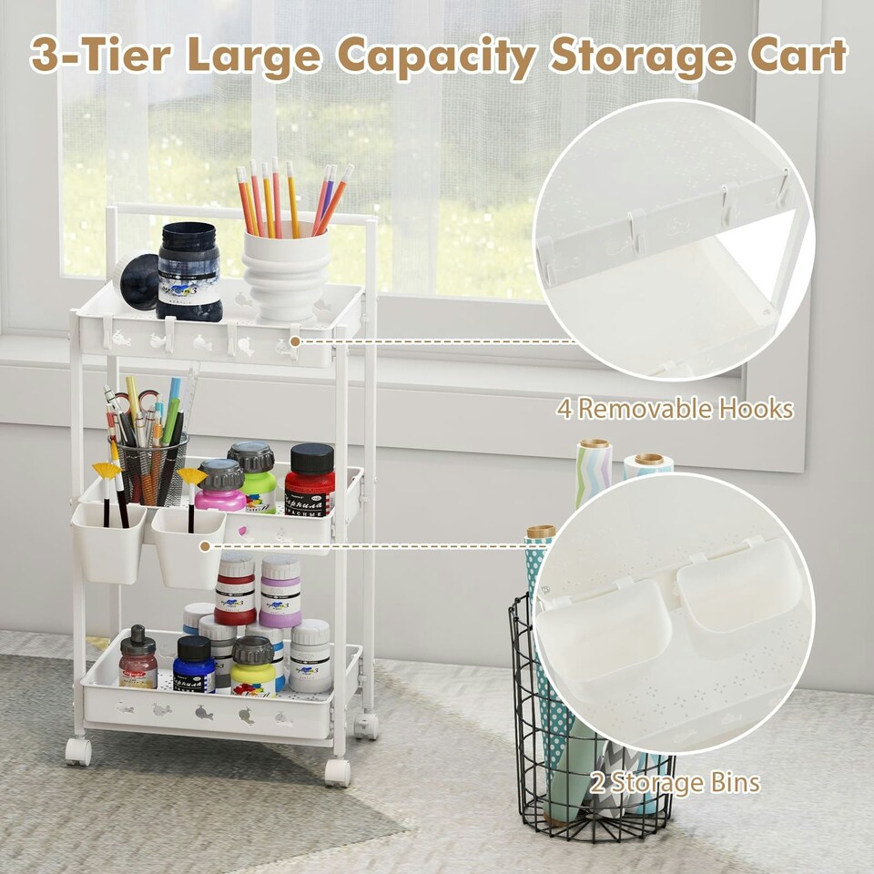 image 1 of COSTWAY 3-Tier Rolling Storage Cart Utility Cart
