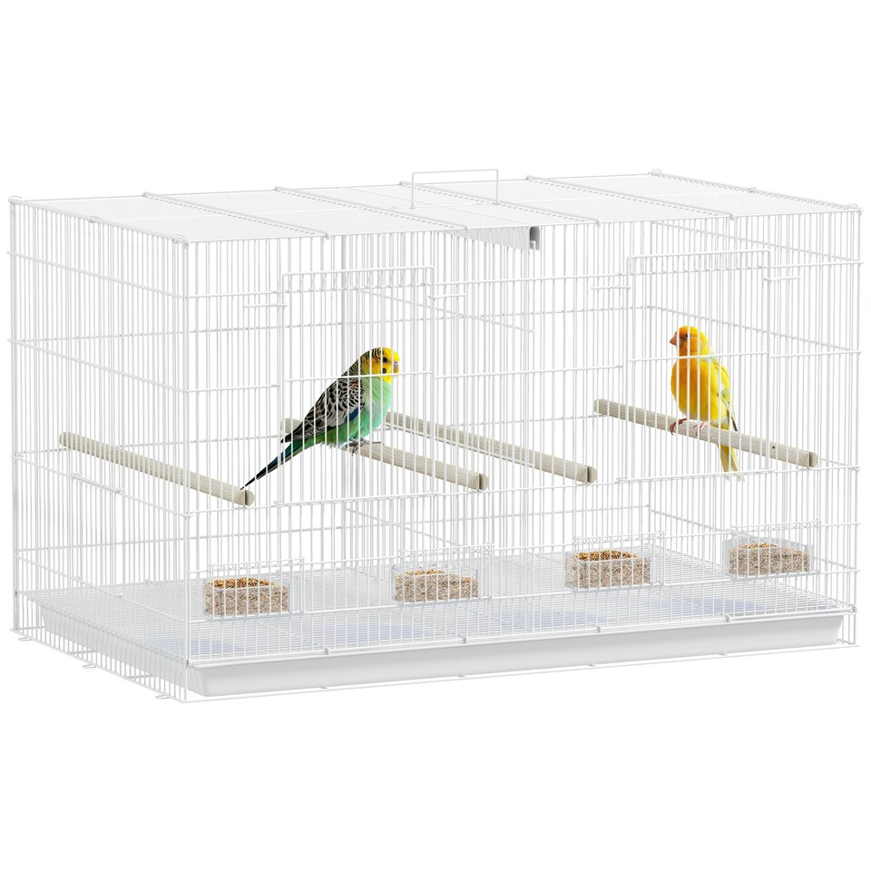 image 1 of PawHut Bird Cage with Divider, 4 Wooden Perches, Slide Out Tray, White