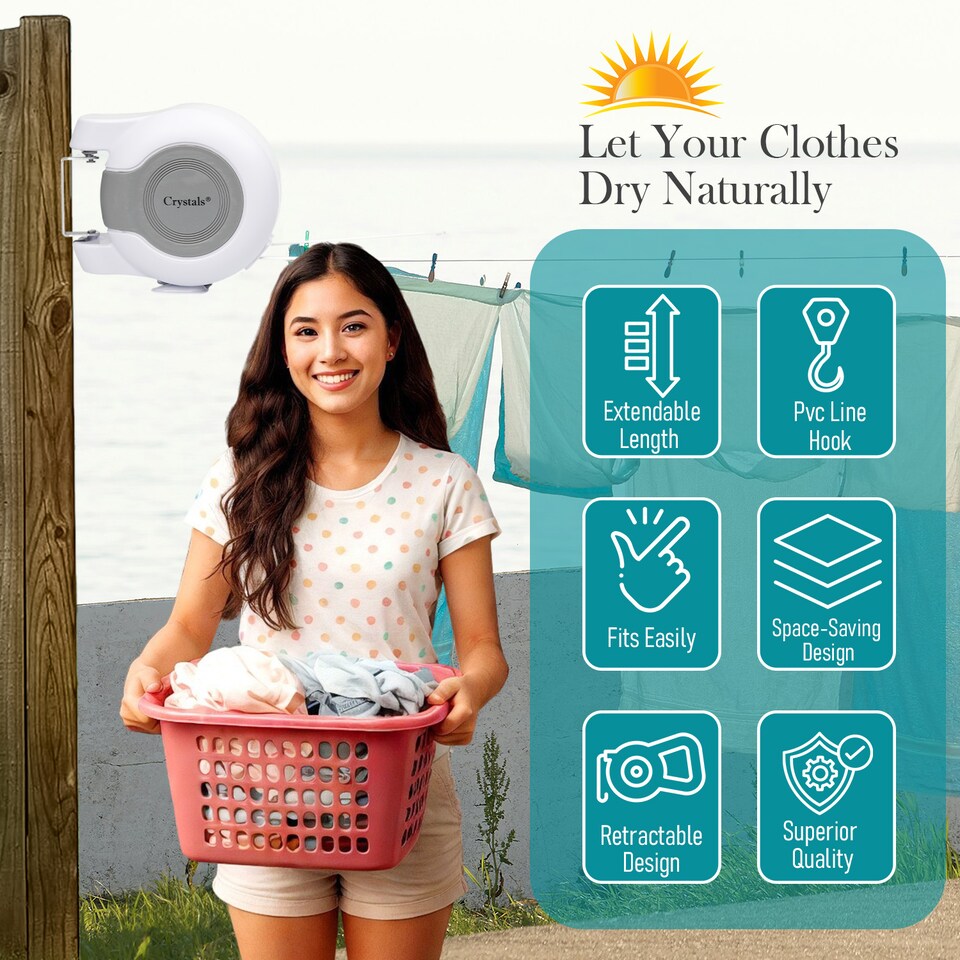 image 1 of 30M Retractable Reel Clothes Lines Washing Line with Twin Cable Wall - Mounted