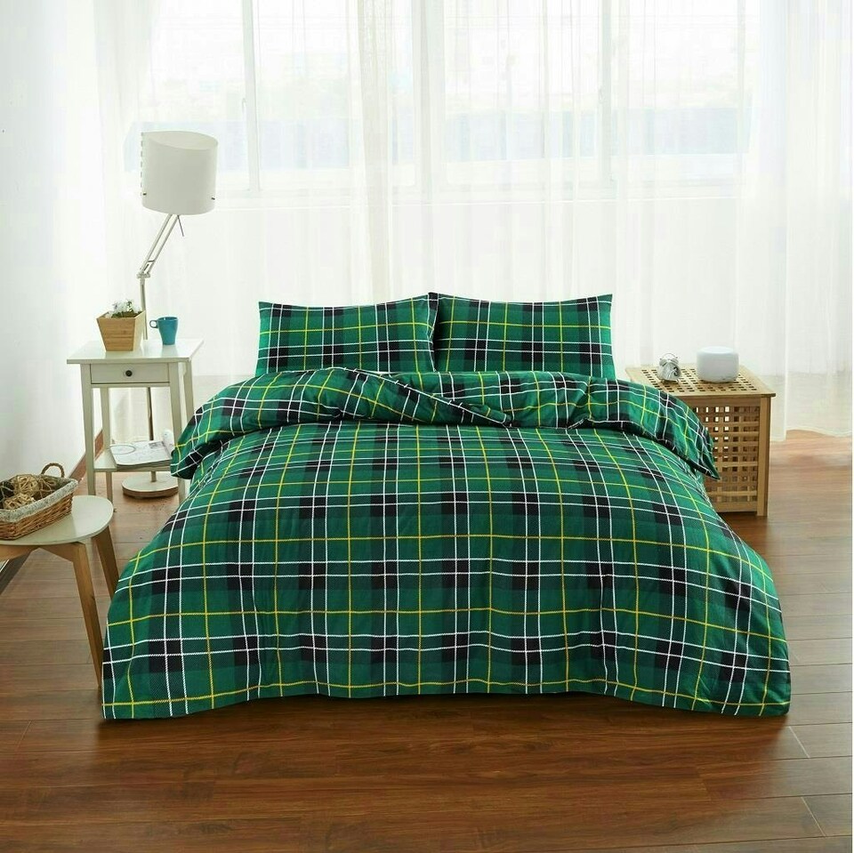 image 1 of Tartan Check Brushed Cotton Duvet Cover Set - Single - Green