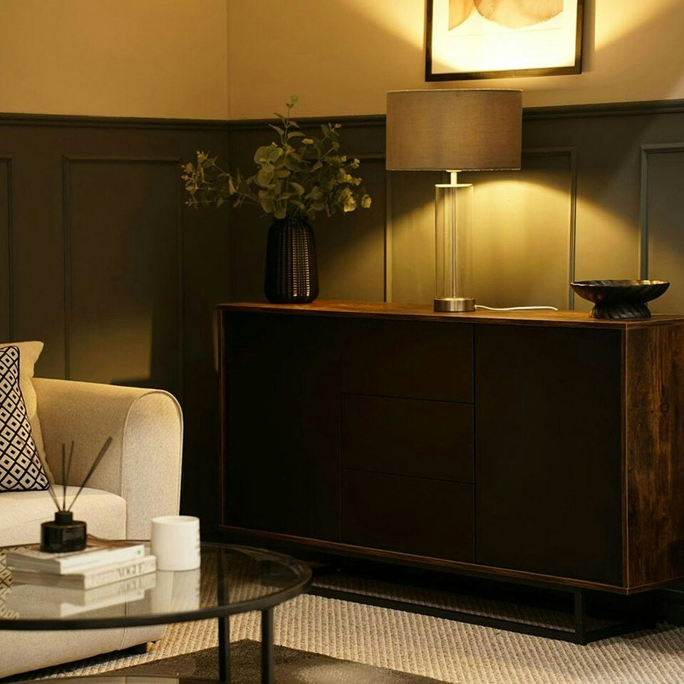 image 1 of ValueLights Clear Tube and Brushed Chrome Metal Bedside Table Lamp with a Grey Velvet Shade - LED Bulb Included