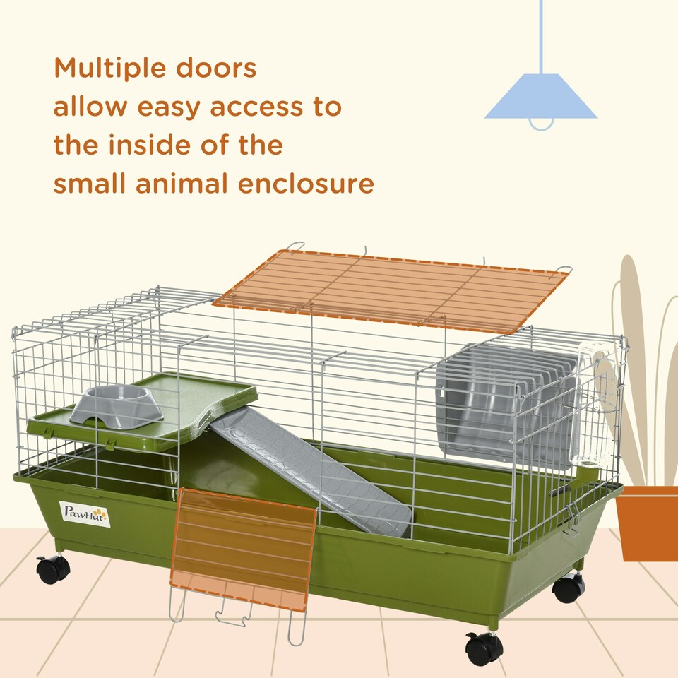 image 1 of PawHut 89cm Small Animal Cage for Rabbit Guinea Pig w/ Food Dish Green