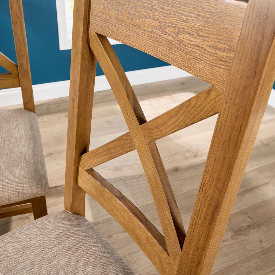 image 1 of Pair Of High Slatted Back Dining Chairs Wool Seat Solid Oak Legs Fully Assembled | Brown