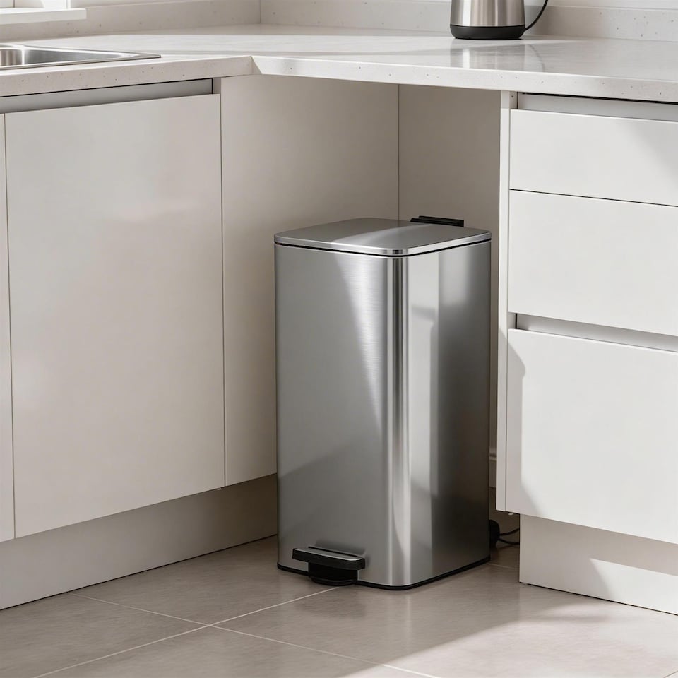 image 1 of Harbour Housewares Square Stainless Steel Kitchen Pedal Bin - 30L - Brushed | Silver | Brushed