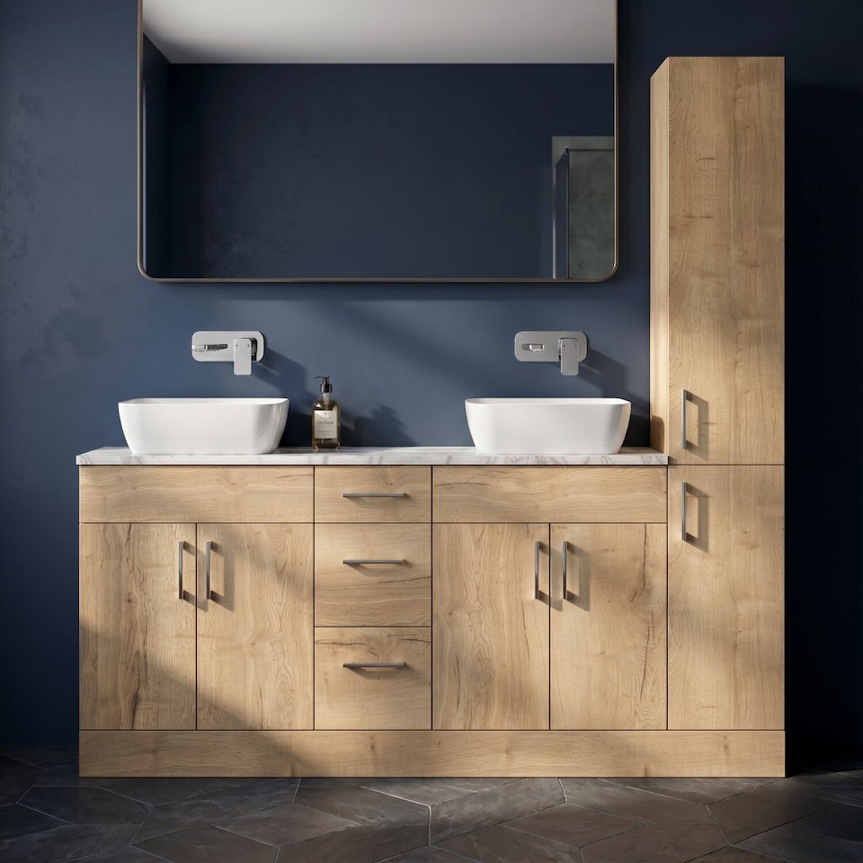 image 1 of Balterley Wichnor Floor Standing 4 Door 3 Drawer Vanity Combination Unit with Tall Unit, Laminate Worktop and Countertop Vessel, 1800mm, Autumn Oak