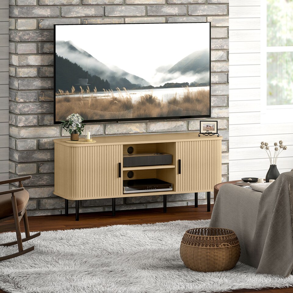 image 1 of HOMCOM TV Stand Cabinet for TVs up to 55 Inches, TV Unit with Storage Shelves and Cupboard for Living Room, Oak Tone