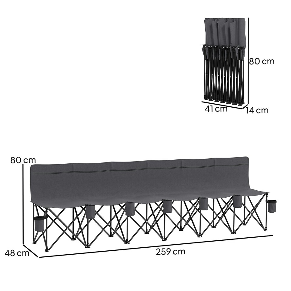 image 1 of Outsunny 6 Seater Folding Bench Camping Chair with Cup Holder, Grey Grey | Charcoal grey