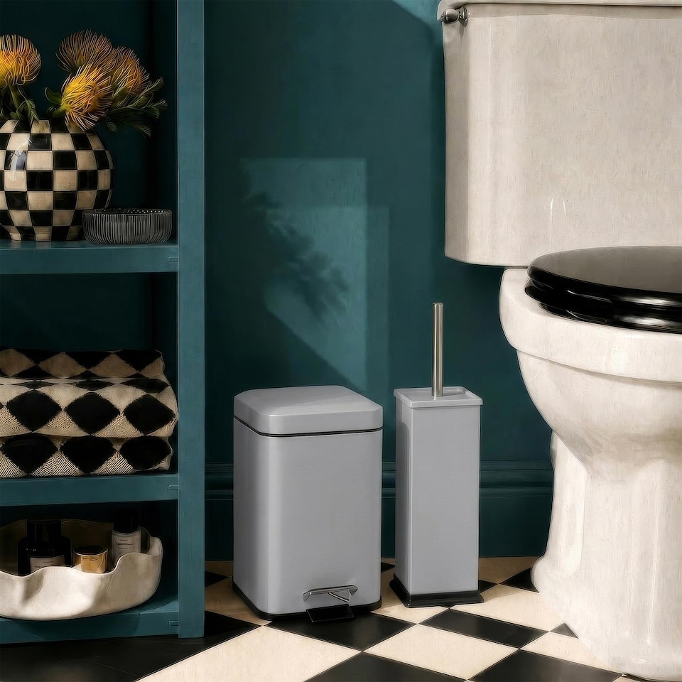 image 1 of Harbour Housewares 2x Matt Grey Toilet Brushes with Holder - Square Brush Non Slip Base Rust Resistant Toilet Cleaning Brush Set