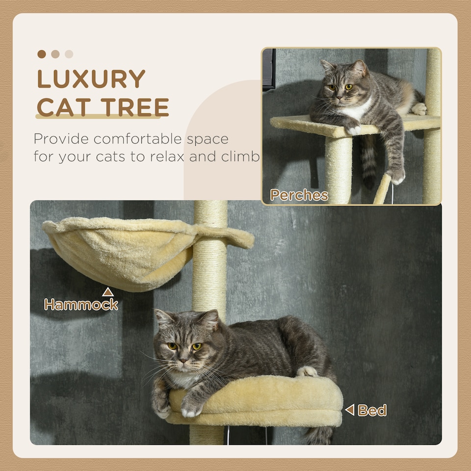 image 1 of PawHut Floor To Ceiling Cat Tree 6-Tier with Scratch Post Bed Hammock