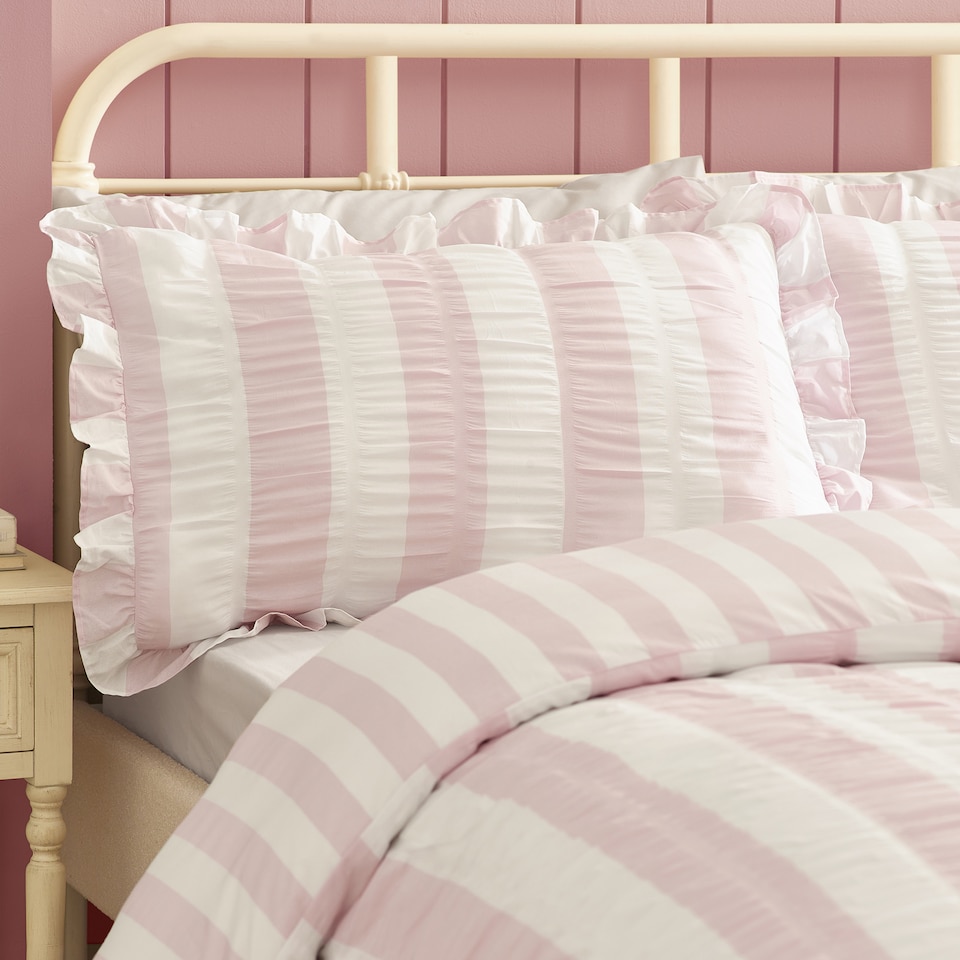 image 1 of Catherine Lansfield Seersucker Frill Stripe Duvet Cover Set | Pink | King