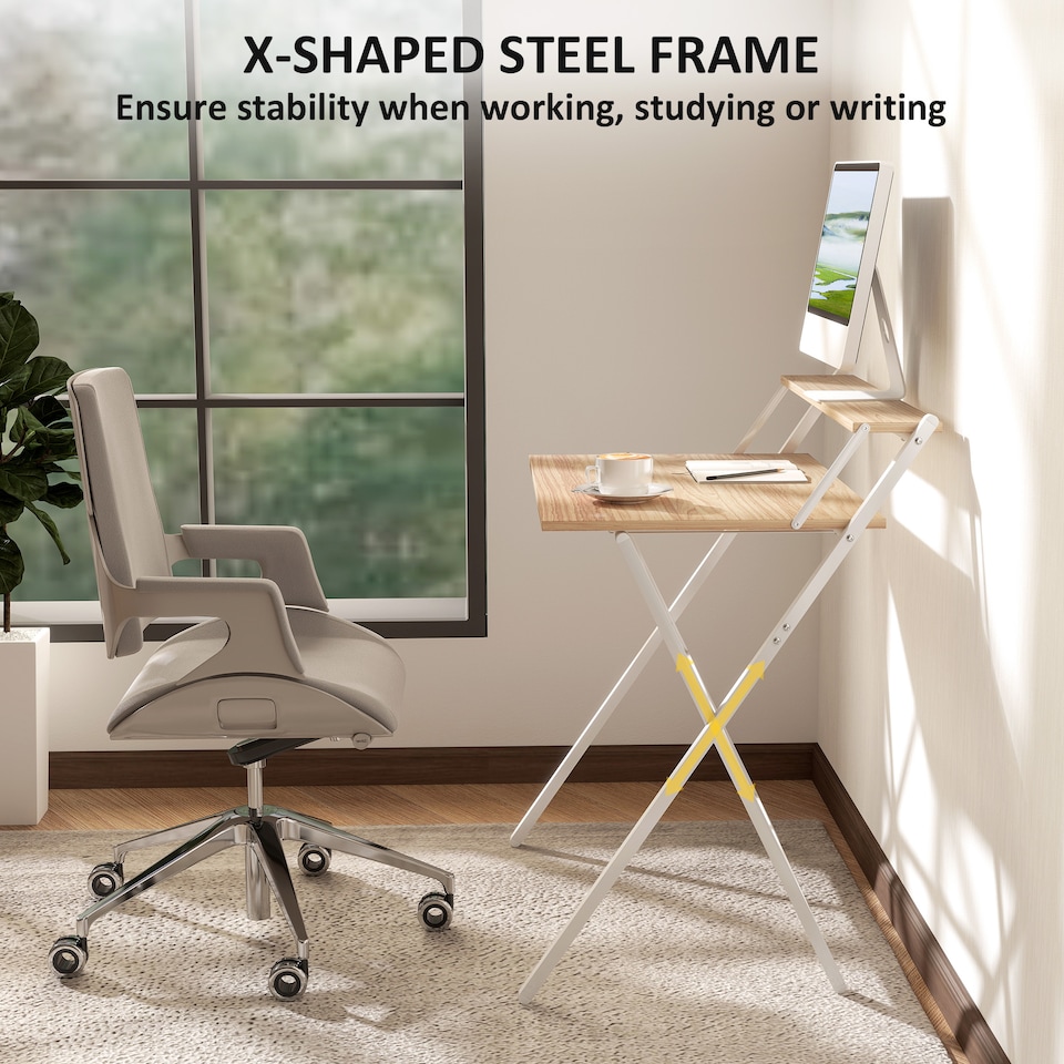 image 1 of HOMCOM Folding Desk with Monitor Shelf, 81.5 cm Foldable Computer Desk for Small Spaces, Space Saving Writing Table Workstation for Home Office, Study, Easy Assembly, Natural Wood Finish | Yellow