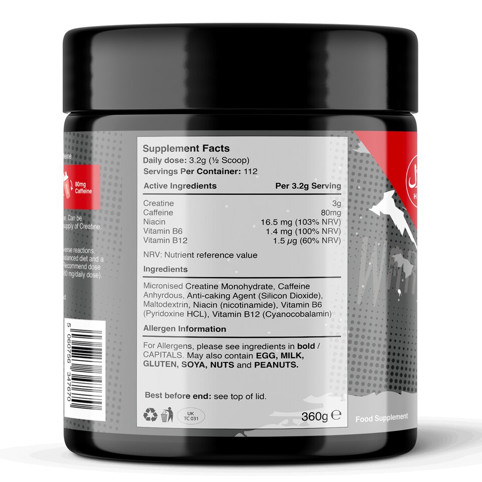 image 1 of Warrior Creatine + Energy – 3g Creatine, 80mg Caffeine & B-Vitamins for Strength, Focus & Stamina – Unflavoured, 360g (112 Servings)