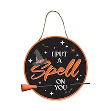 I Put A Spell On You with Witch's Broomstick Orange Halloween Hanging Wooden Plaque Decoration 27cm