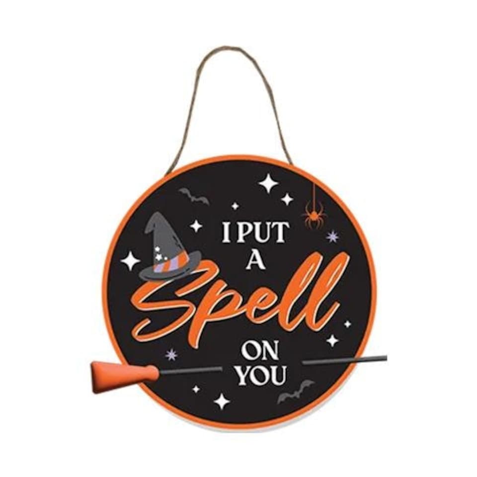 I Put A Spell On You with Witch's Broomstick Orange Halloween Hanging Wooden Plaque Decoration 27cm