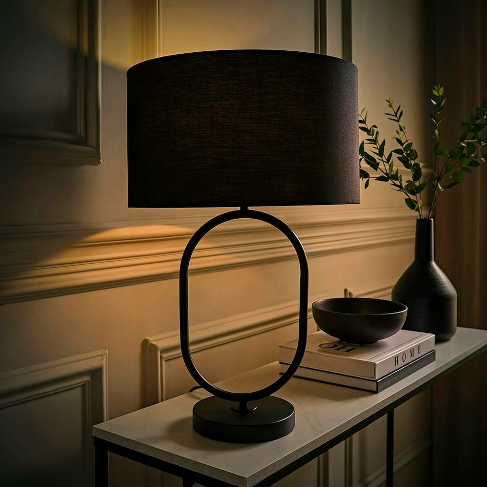 image 1 of ValueLights Antonia Black Fabric Drum Lamp Shade Matte Black Oval Table Lamp with LED Bulb Black