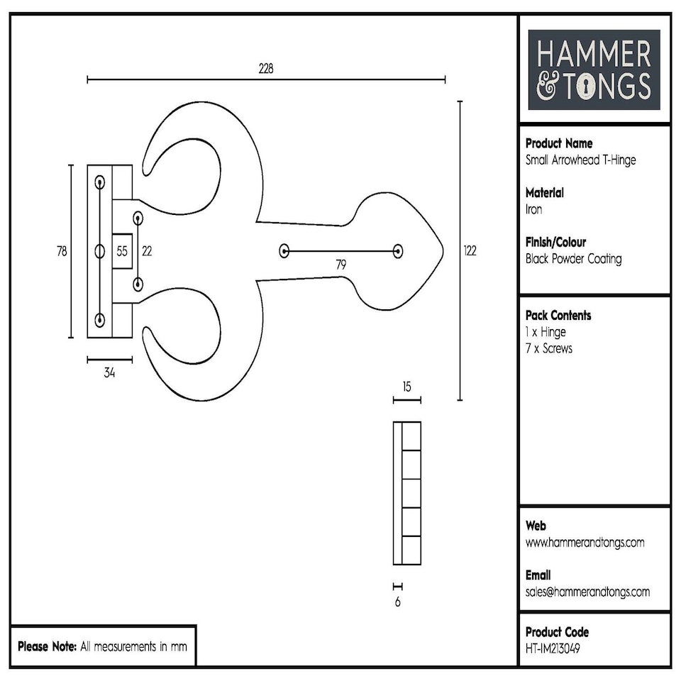 image 1 of Hammer & Tongs Arrowhead T-Hinge - W230mm - Black | Black | Black