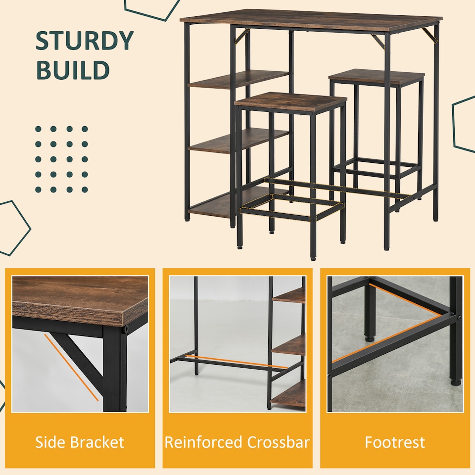 image 1 of HOMCOM Industrial Bar Height Dining Table Set With 2 Stools & Side Shelf, 3 Pieces Coffee Table for Dining Room, Kitchen, Dinette