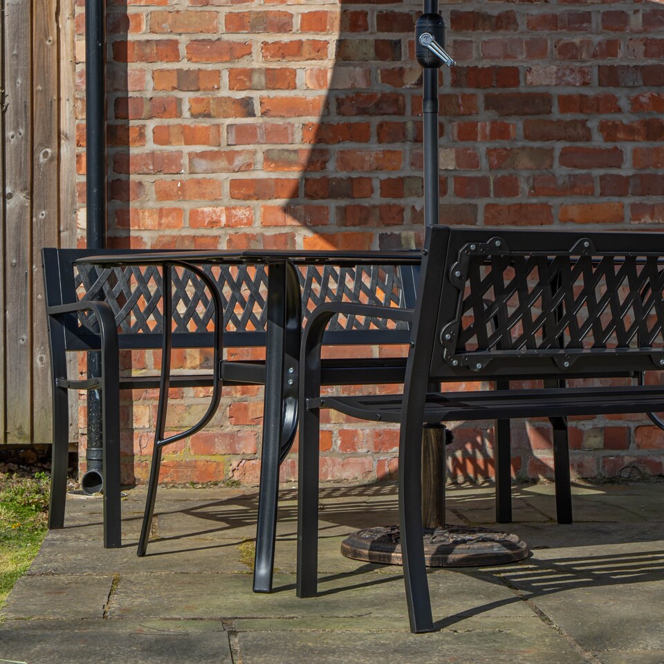 image 1 of Outdoor 4 Person Rectangular Glass Top Garden Dining Table Benches With Black Havana Parasol and Base Set