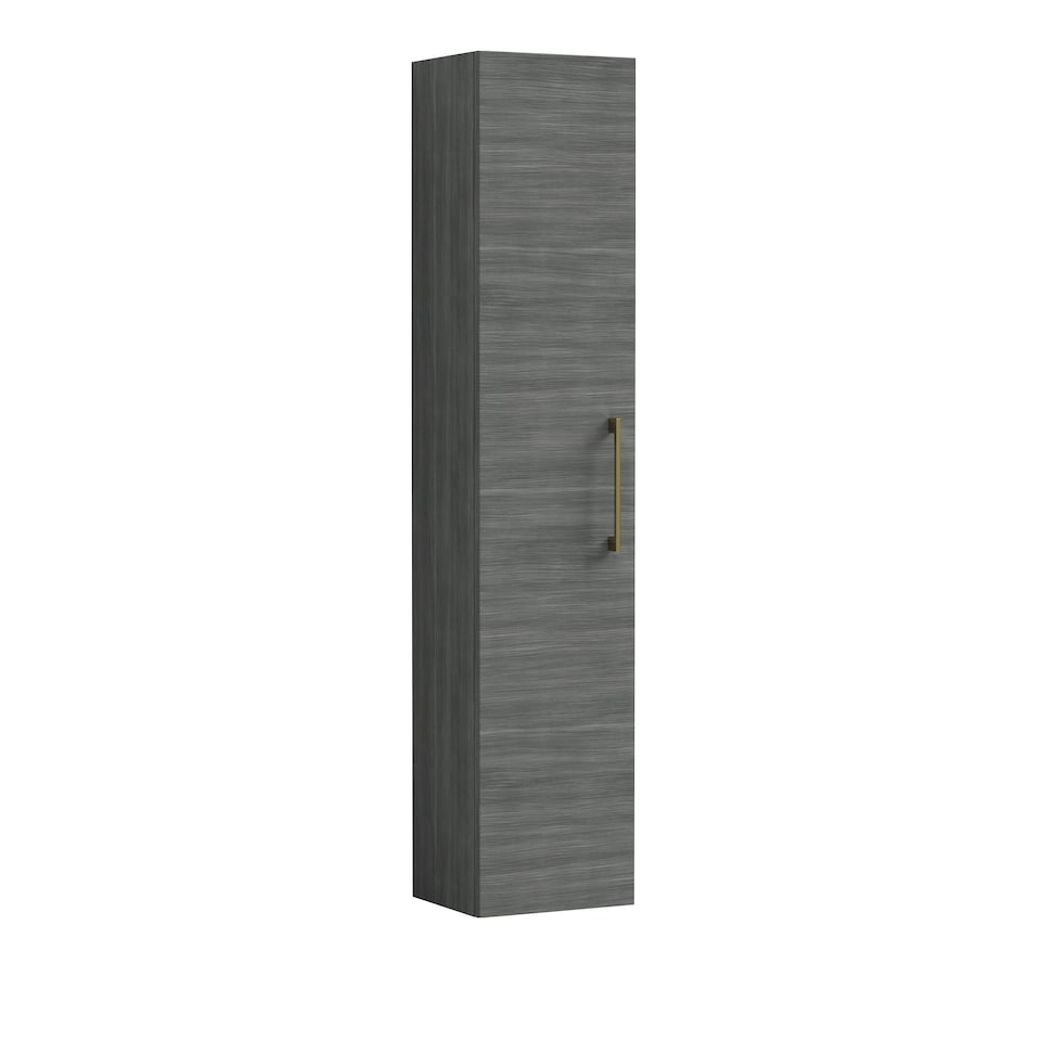 Modern Bathroom Wall Hung 1 Door Tall Storage Unit -Woodgrain Anthracite with Brushed Brass Handle, 1433 x 300 x 235mm | Grey | Graphite Grey Woodgrain | 260 x 300 x 1435mm