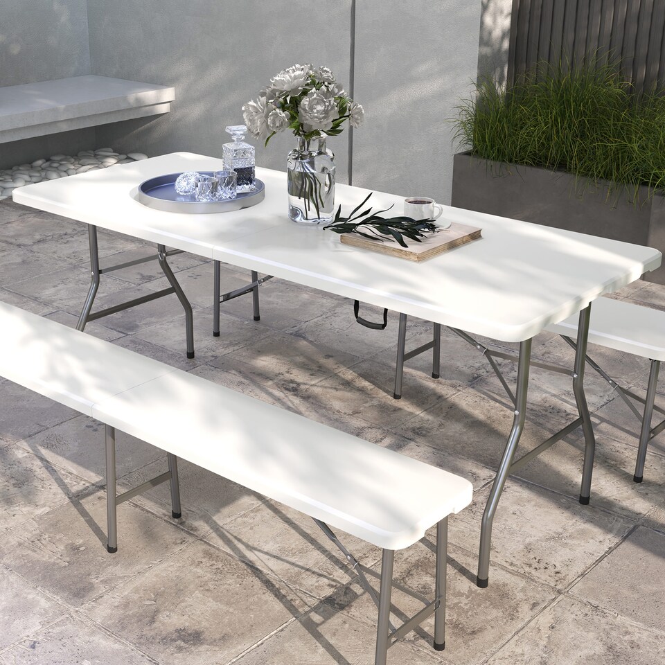 image 1 of Outsunny Folding Garden Table, 180 x 75cm Rectangular HDPE Outdoor Picnic Table for 6, Metal Frame for Patio, Park, White | White | White