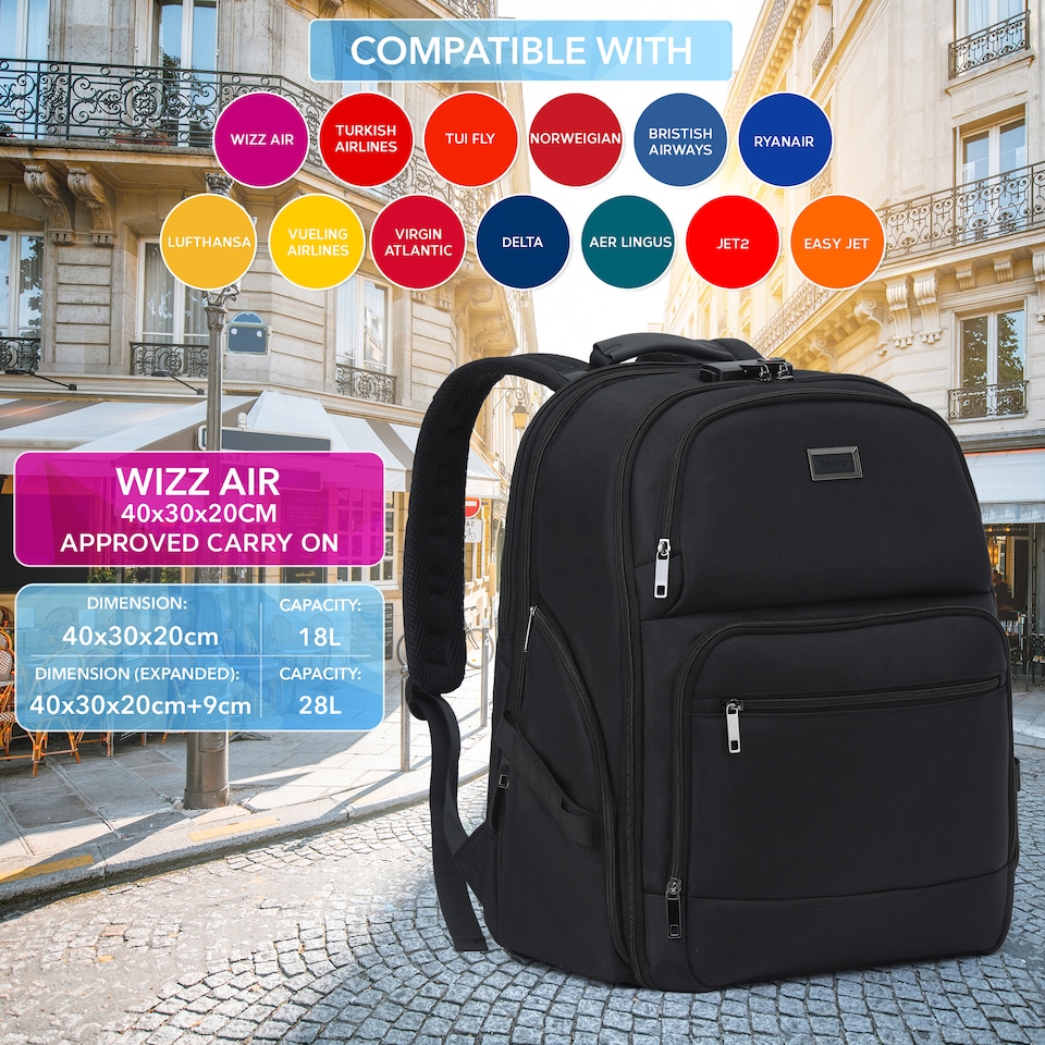 image 1 of Cabin Pro 'Stride' 40x30x20cm Wizz Air Cabin Bag Underseat Backpack for Travelling TSA Approved Lock Expandable Backpack - Carry on Luggage | Black | 1