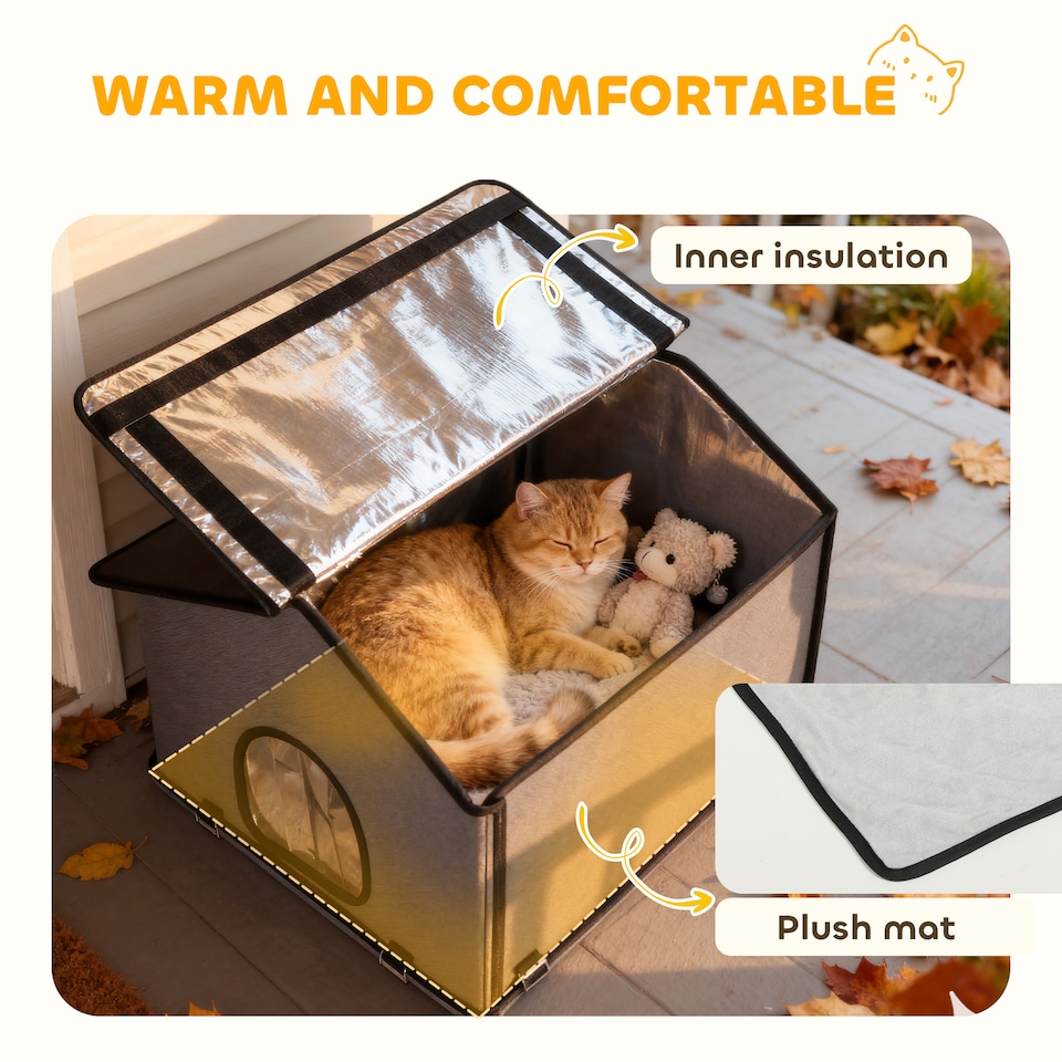 image 1 of PawHut Outdoor Cat House, Waterproof Insulated Cat Kennel with Elevated Base, Cushion, Foldable Feral Kitty Shelter for Indoor Outdoor Kittens, Grey