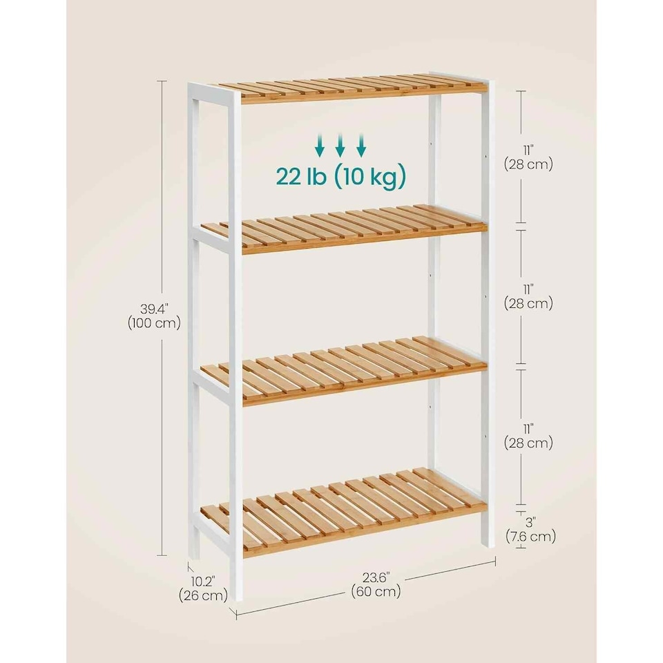 image 1 of 4 Tier Bamboo Storage Shelf, Freestanding Shelving Unit for Bathroom, Kitchen, Hallway or Living Room, White and Natural