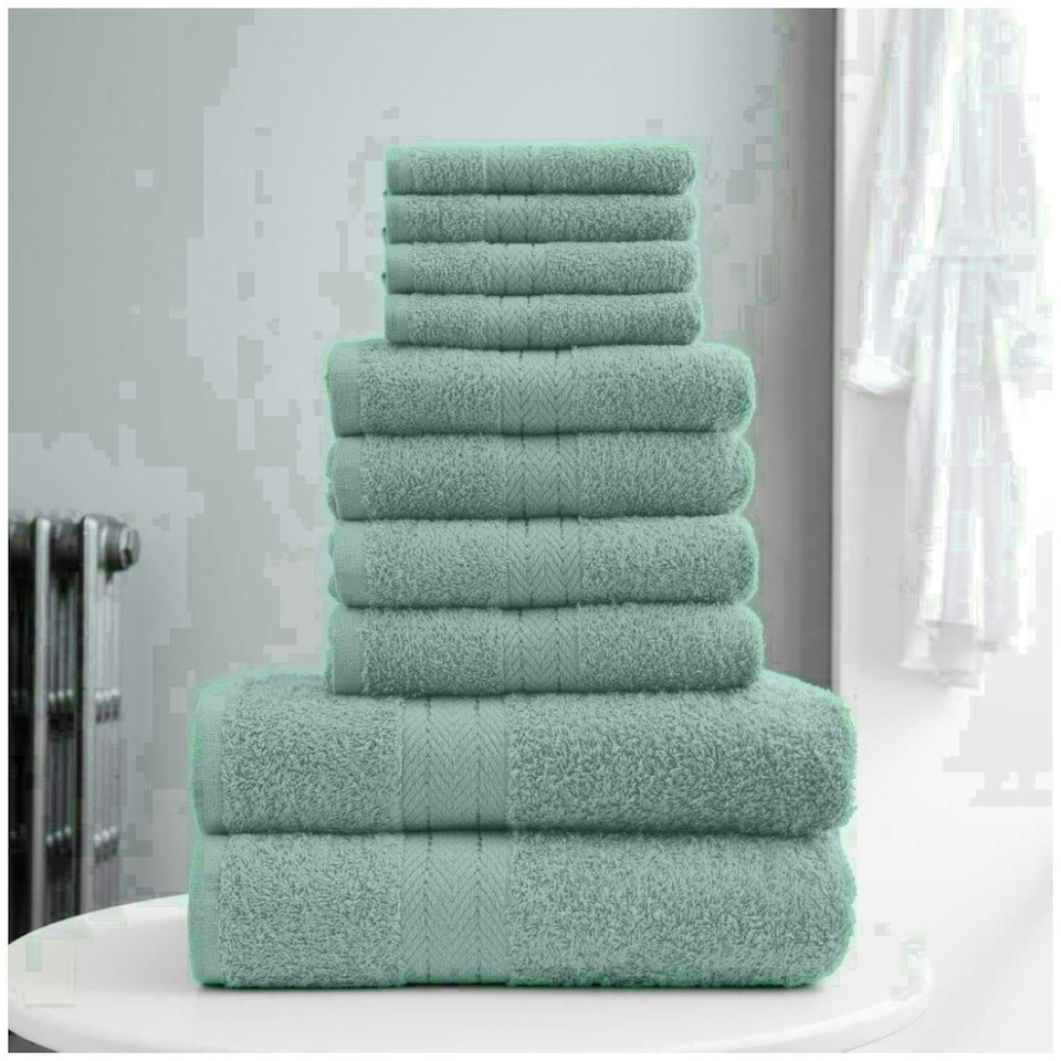 image 1 of VELVETIO 10 Piece Towel Bale Set Toronto Stripe Pattern - 100% Cotton, 450 GSM Green | Duck Egg