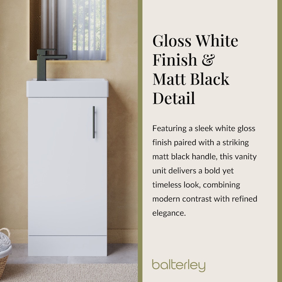 image 1 of Balterley Wall Hung Vanity Basin 400mm Gloss White & Matt Black Handle