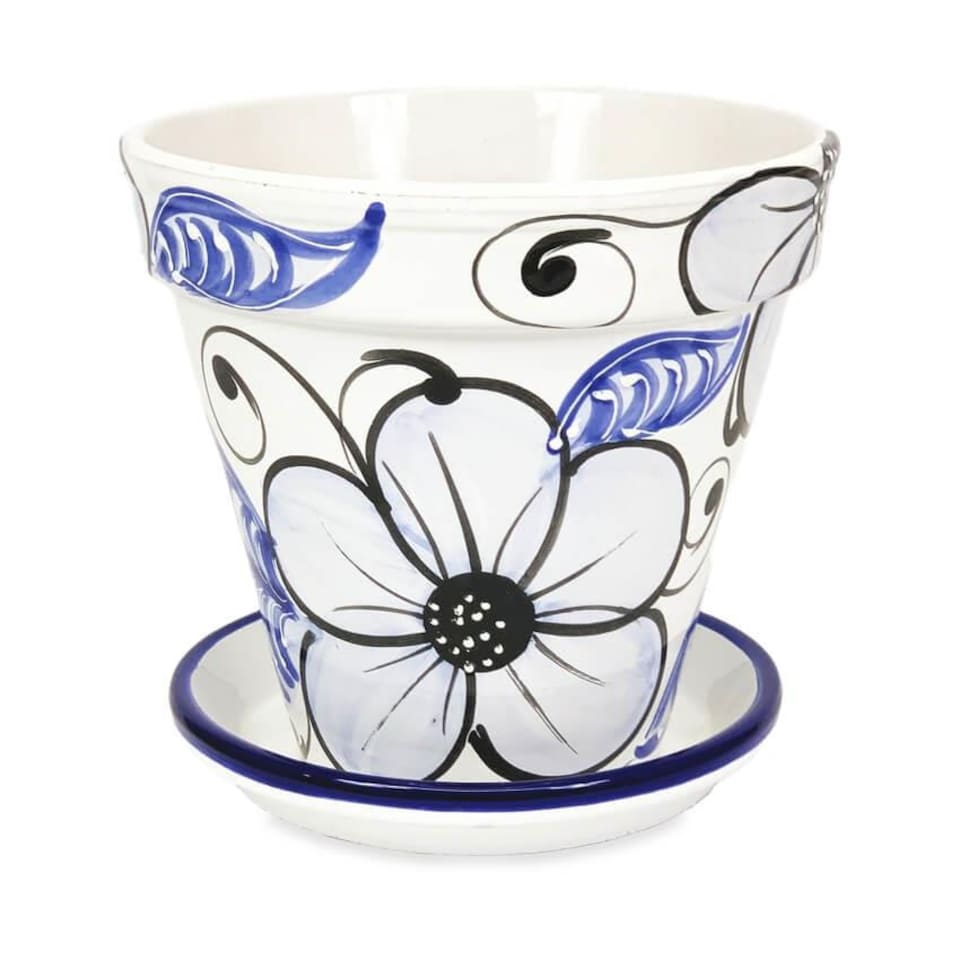 image 1 of Verano Spanish Ceramics Set of 3 Plant Pots & Drainage Plates - 16-29cm Blue Flower