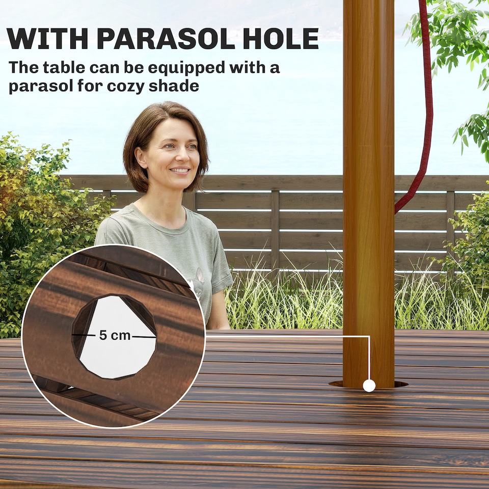 image 1 of Outsunny 6 Person Fir Wood Table Bench Set Outdoor Garden Patio, Carbonized | Brown | Carbonised finish | Table: 90 x 70 cm; Bench: 80 x 25 x 42 cm