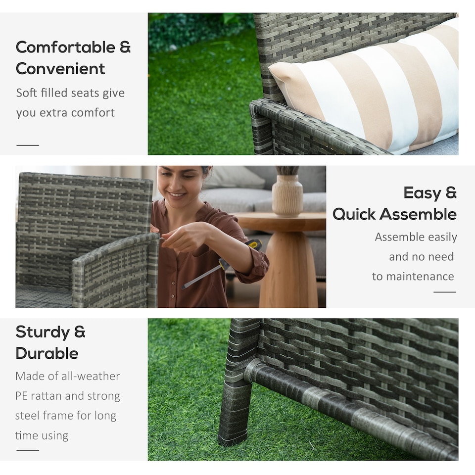 image 1 of Outsunny 3 Pieces Rattan Bistro Set, Wicker Garden Furniture Set, Glass Top 2 tier Coffee Table and Chairs Set with Pillows and Washable Cushions for Outdoor, Patio, Balcony, Grey