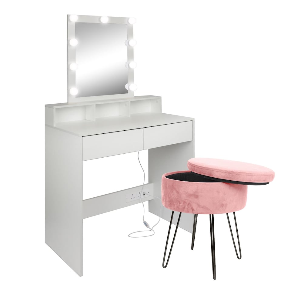 image 1 of Harbour Housewares Wooden Dressing Table Set with LED Lights & Pink Stool - White | White | White/Pink