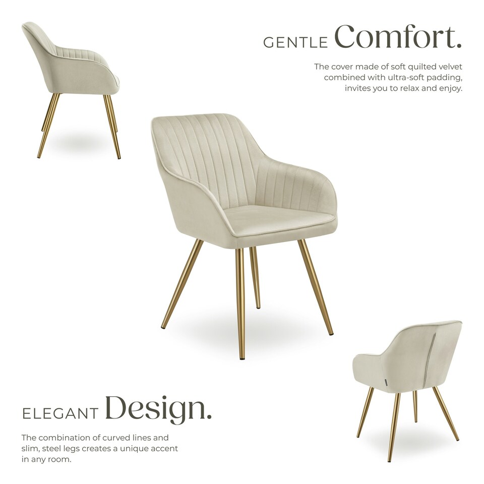 image 1 of Dining Chair Marilyn - quilted velvet, continuous backrest, gold steel legs - per piece Cream | Cream/Gold