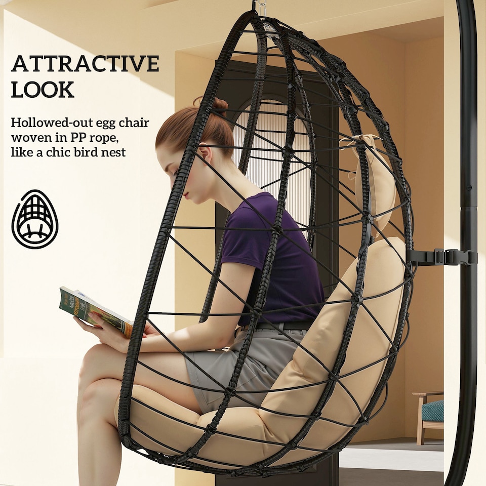 image 1 of Outsunny Hanging Egg Chair Outdoor Indoor Garden Swing Chair with Folding Basket, Thickened Cushion, Garden Hanging Chair with Stand, Headrest for Patio, Balcony, Khaki | Brown | Khaki