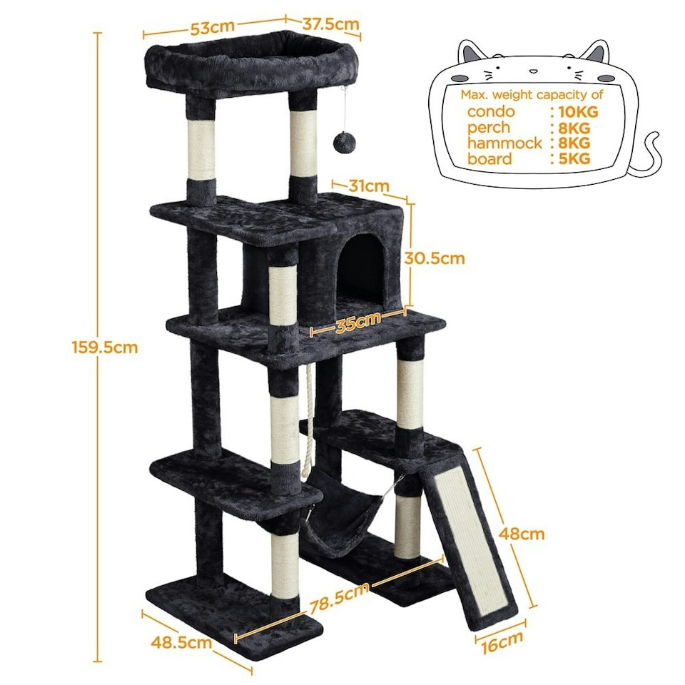 image 1 of Yaheetech Large Cat Tower with Hammock Scratching Posts Black