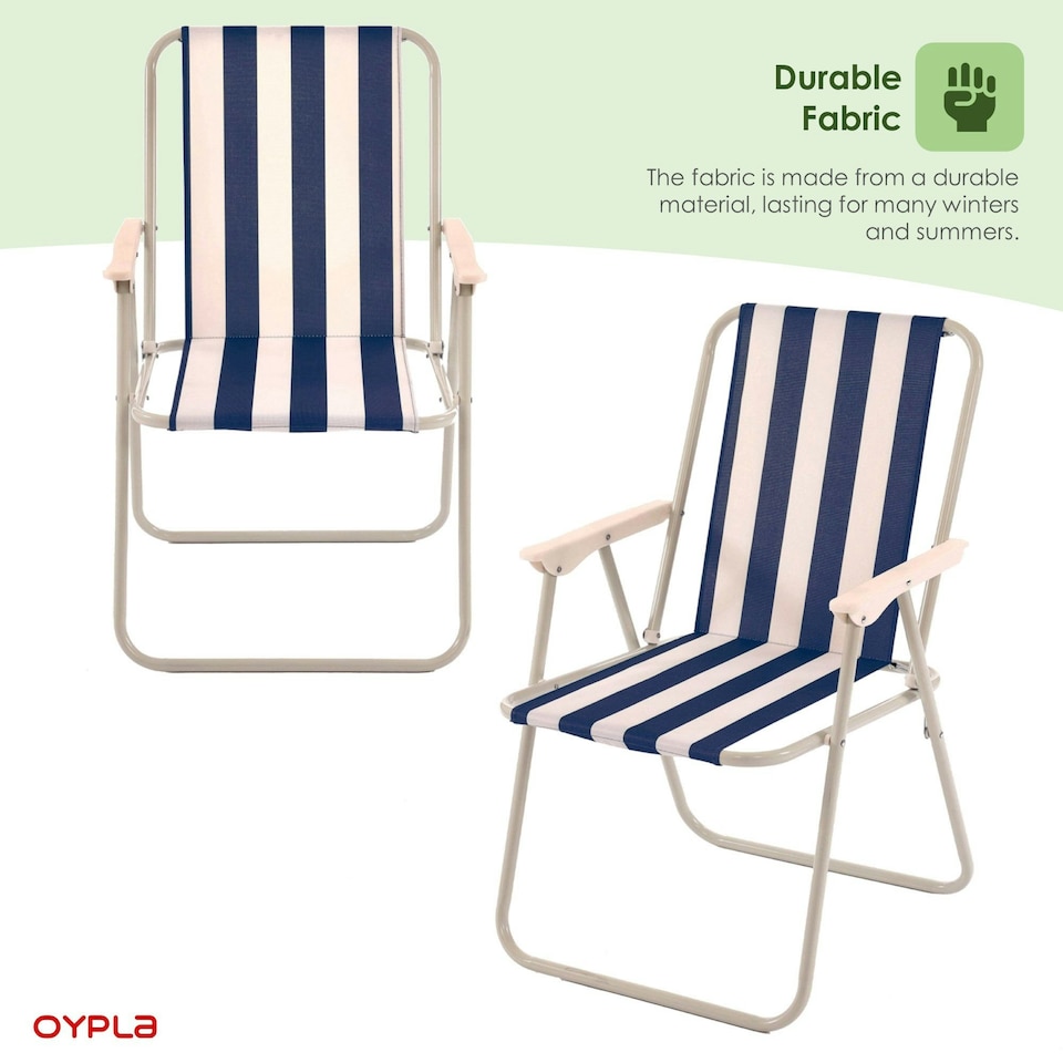 image 1 of Oypla 2x Stripey Camping Festival Party Folding Outdoor Chairs with Armrests Blue