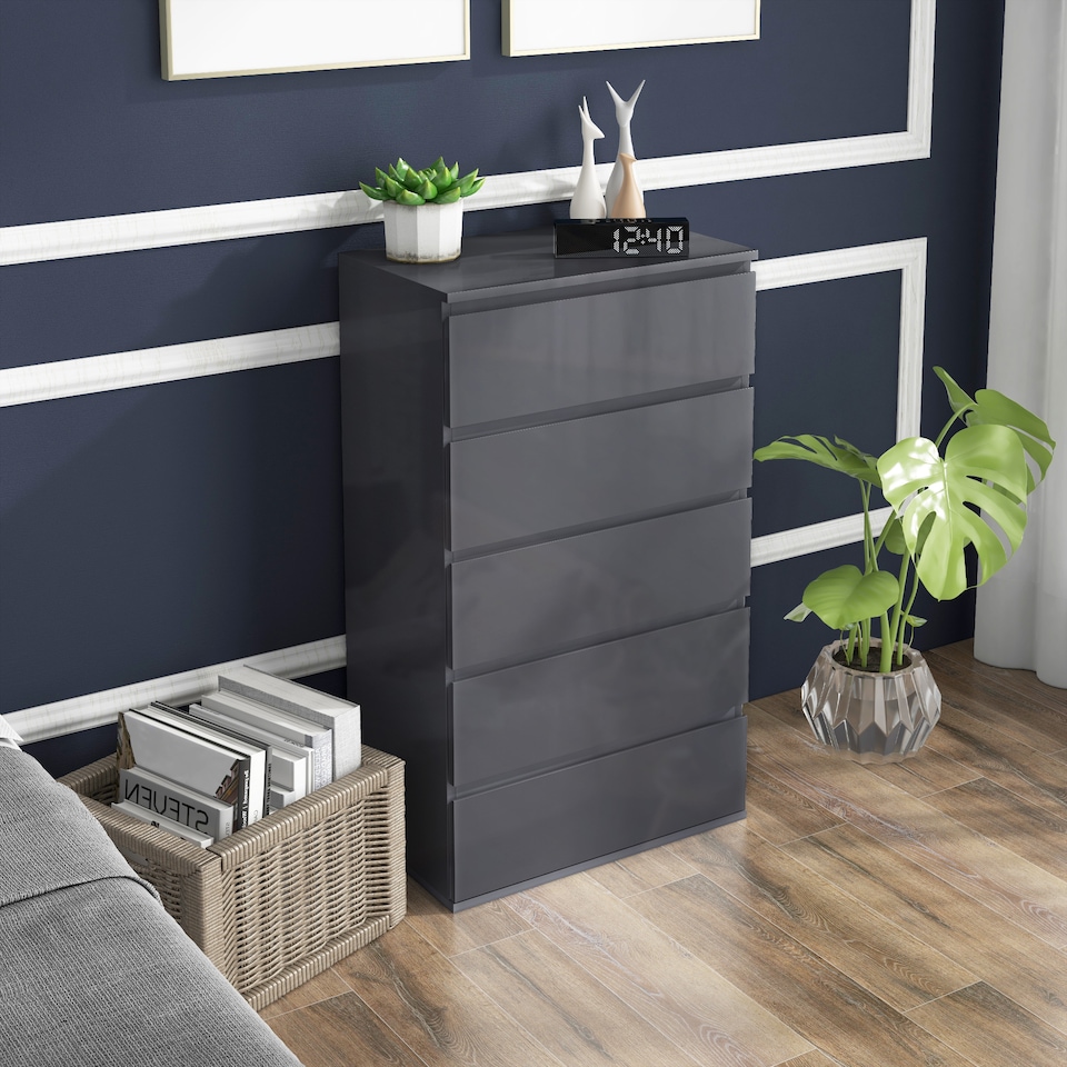 image 1 of HOMCOM High Gloss Chest of Drawers, Modern 5 Drawer Dresser with Soft Closing Mechanism for Bedroom, Grey