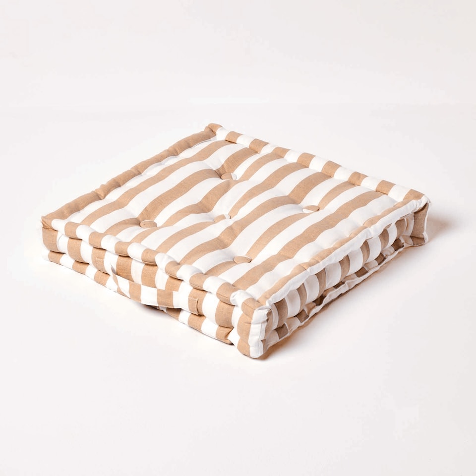 image 1 of Homescapes Cotton Beige Thick Stripe Floor Cushion - 50 x 50 cm | Cream | Beige | 50 x 50 cm