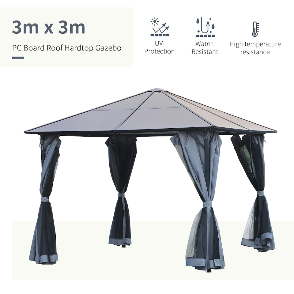image 1 of Outsunny 3 x 3(m) Polycarbonate Hardtop Gazebo with Aluminium Frame and Curtains
