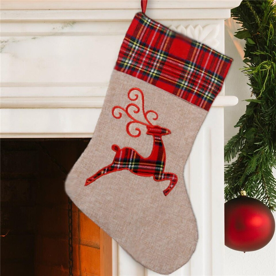image 1 of Reindeer Design Christmas Stocking  Cute Festive Stocking for Mantelpiece & Holiday Decoration