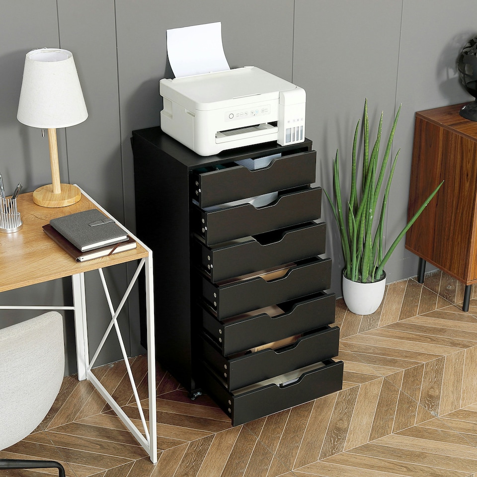 image 1 of Vinsetto Mobile Filing Cabinet, 7-drawer File Cabinet with Wheels, Black