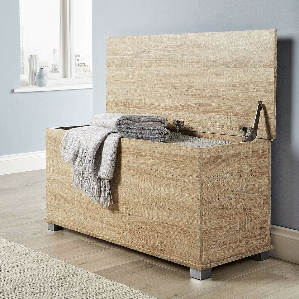 image 1 of Ottoman Storage Chest Toy Bedding or Blanket Box Large Wooden Home | Brown | Oak