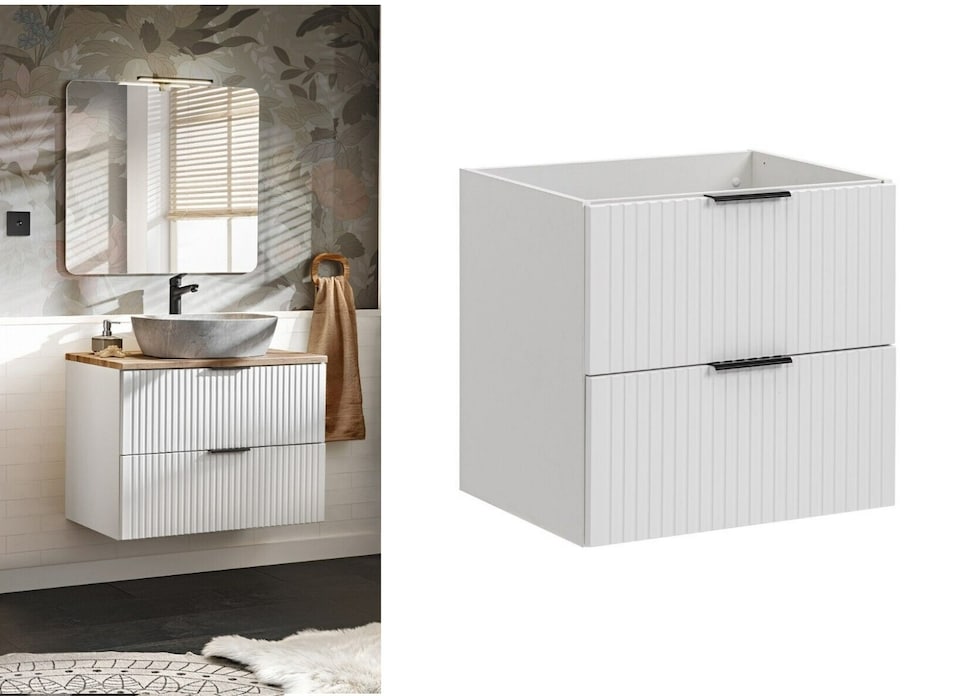 image 1 of Bathroom Vanity Unit 600mm White Cabinet Modern Wall Hung Floating Drawers Ribbed Fluted Adel