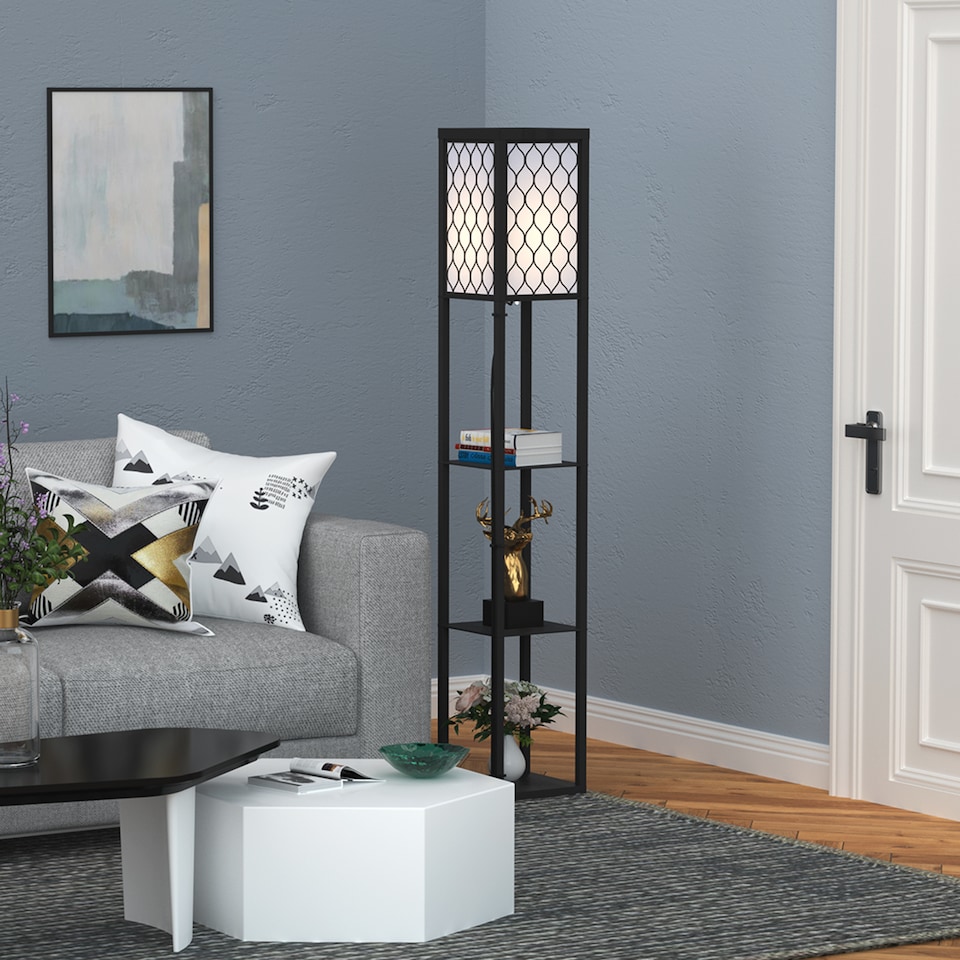 image 1 of HOMCOM Floor Lamp with Shelves, Modern Tall Standing Lamps with Fabric Lampshade, Chain Switch and Single Light for Living Room, Bedroom, Bulb not Included, Black